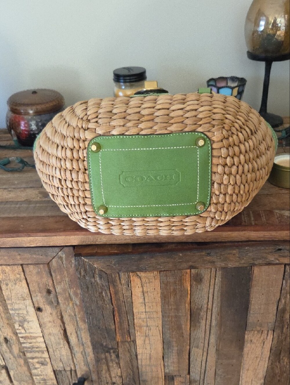 Coach Legacy Woven Straw Basket Tote With Green Trim - Picture 7 of 16